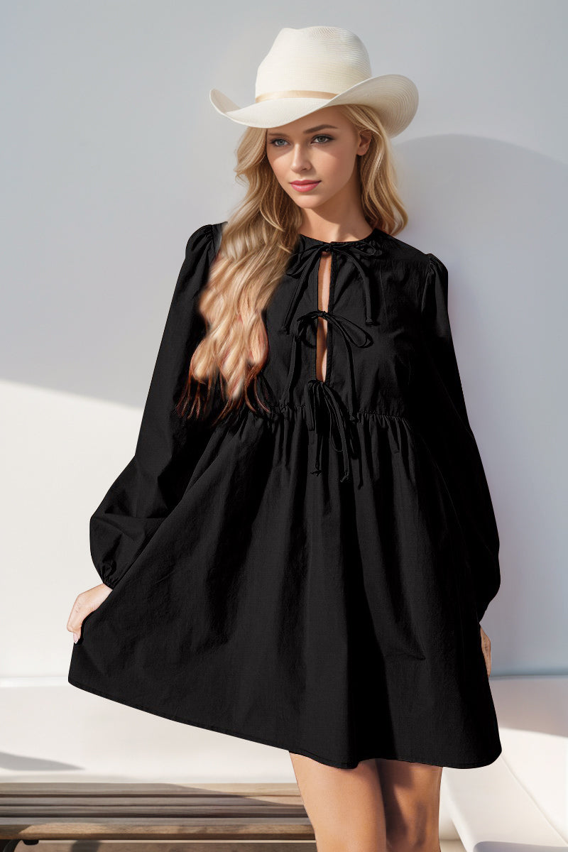 Double Take Christmas Front Tied Long Sleeve Mini Dress.