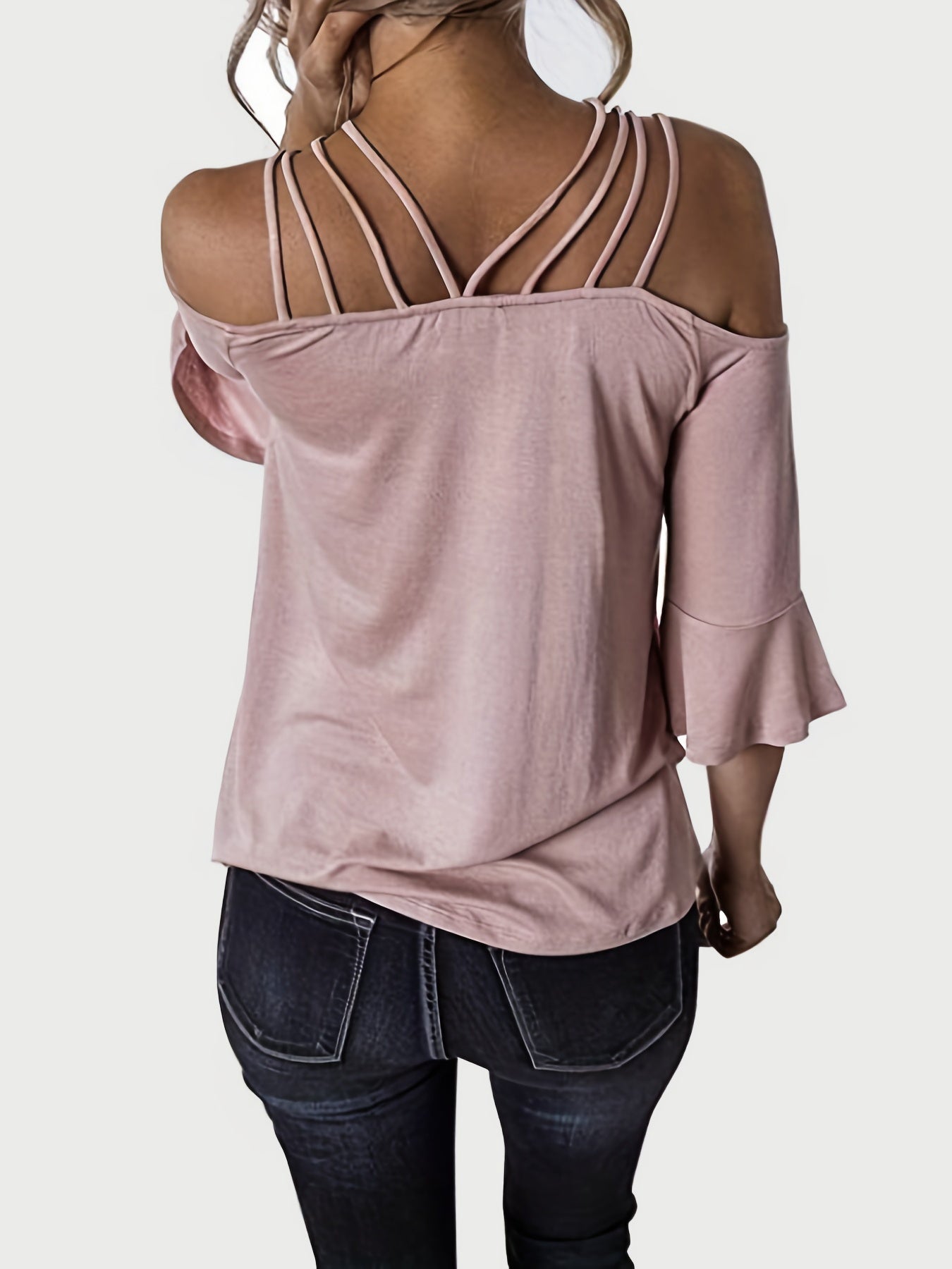 Full size cold shoulder three-quarter sleeve blouse.
