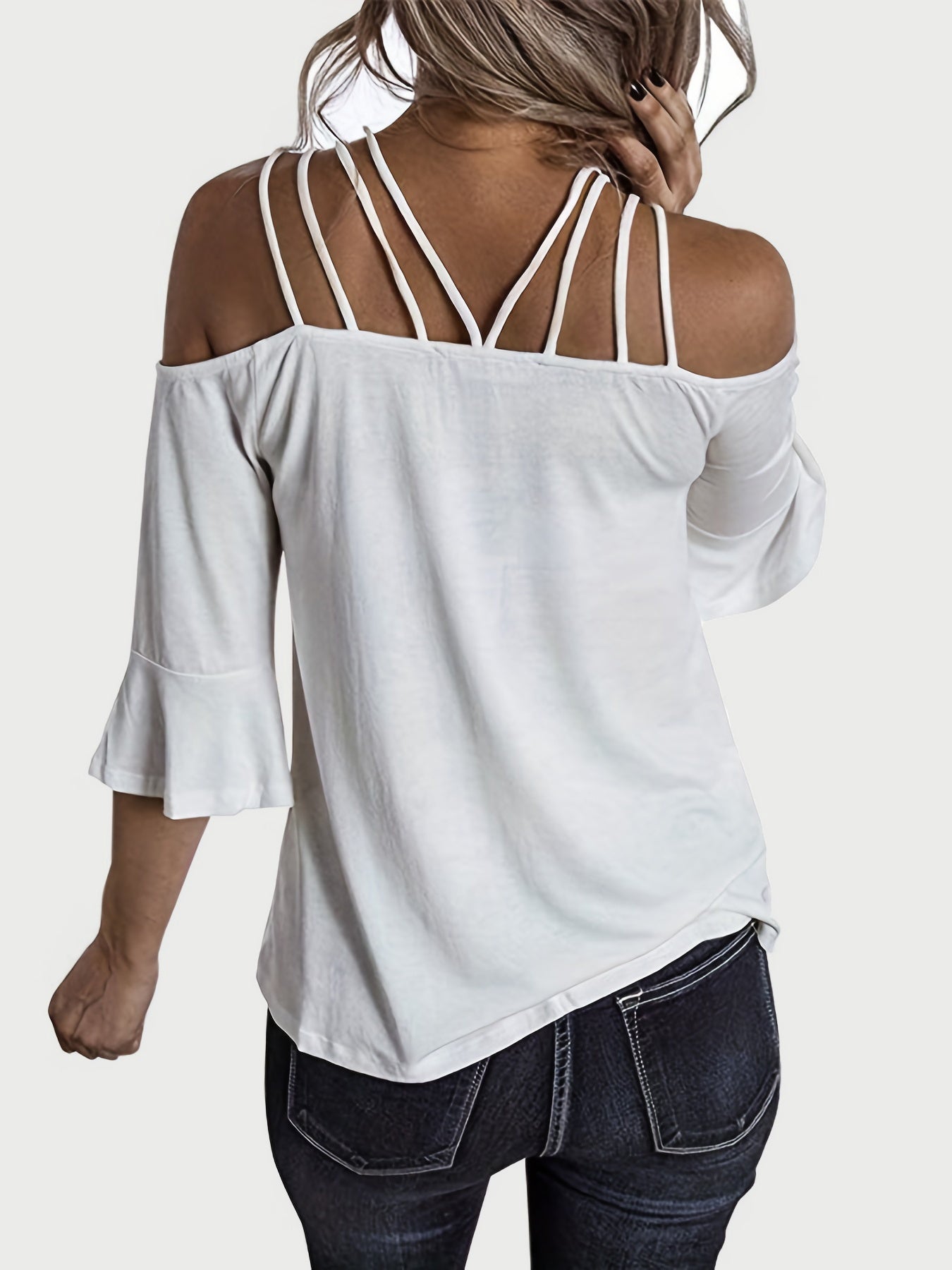 Full size cold shoulder three-quarter sleeve blouse.