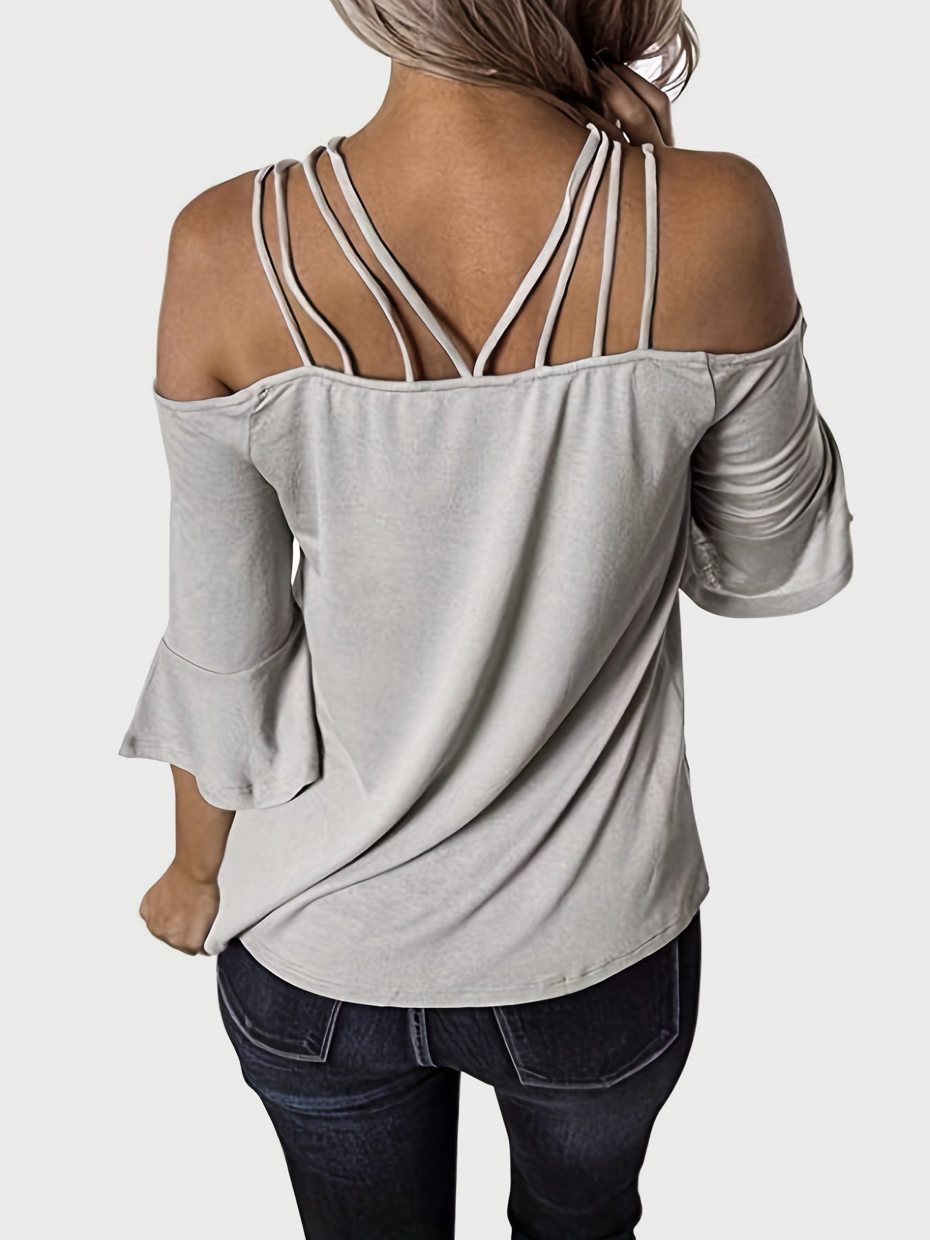 Full size cold shoulder three-quarter sleeve blouse.