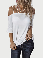 Full size cold shoulder three-quarter sleeve blouse.