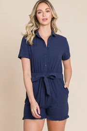 Collared Button Down Romper with Tie Belt