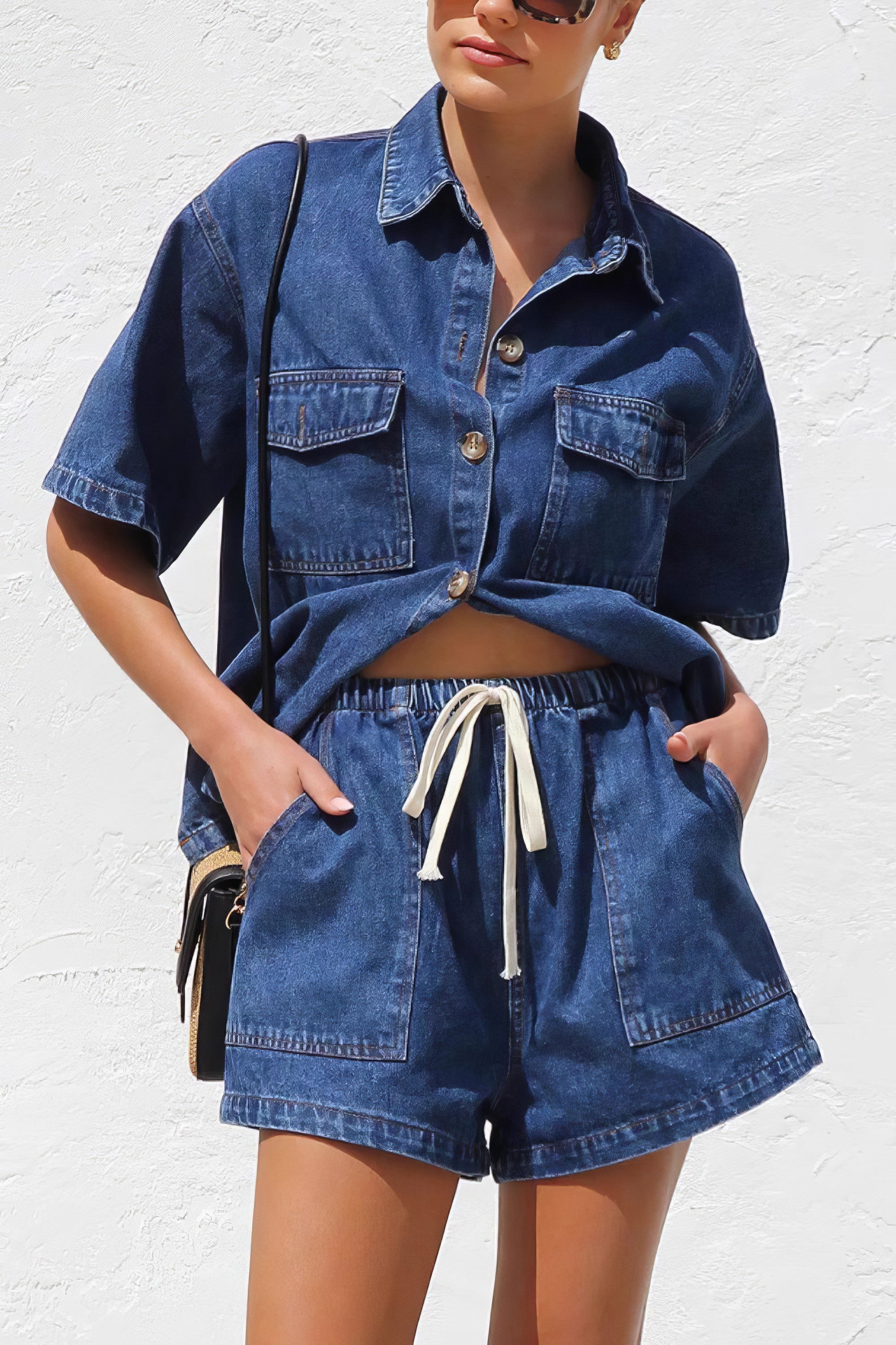 Women's collared neck button-up top and shorts denim set