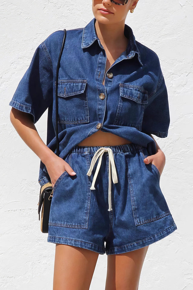 Women's collared neck button-up top and shorts denim set