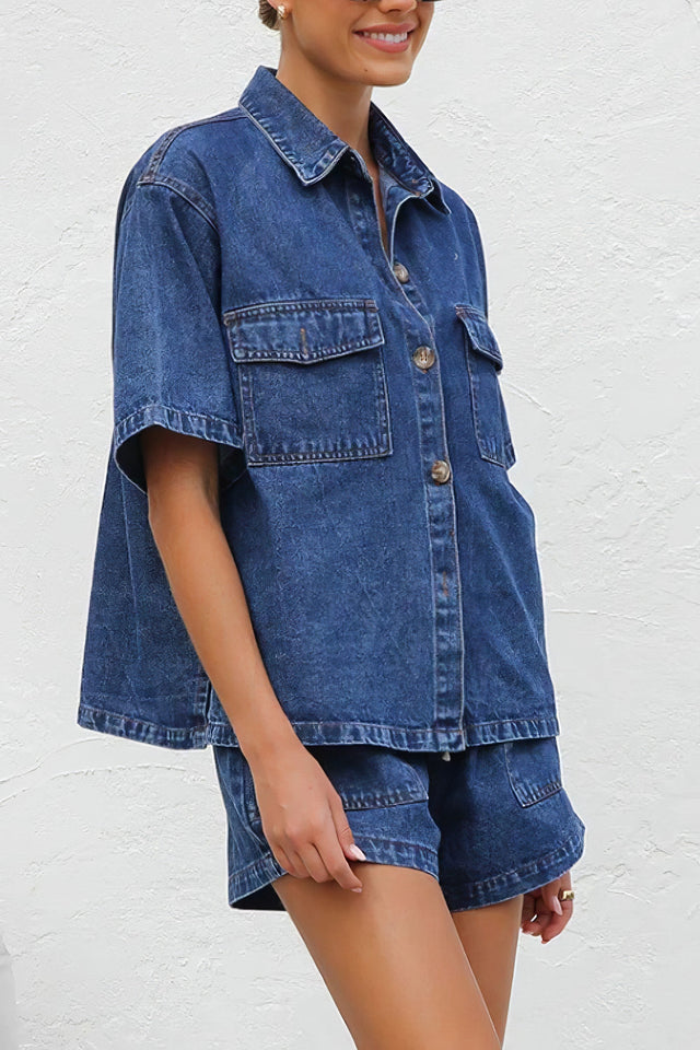 Women's collared neck button-up top and shorts denim set