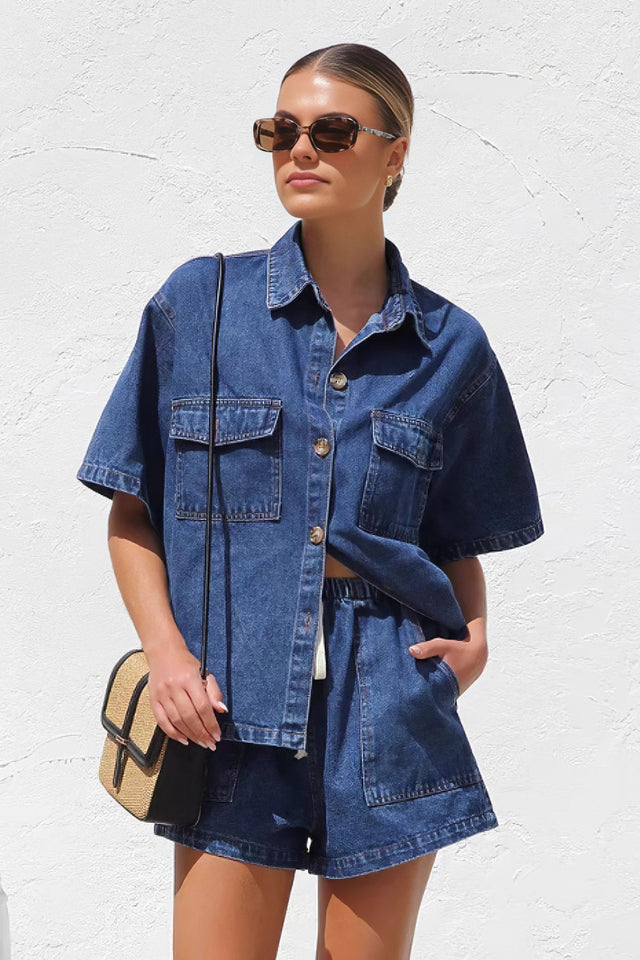 Women's collared neck button-up top and shorts denim set