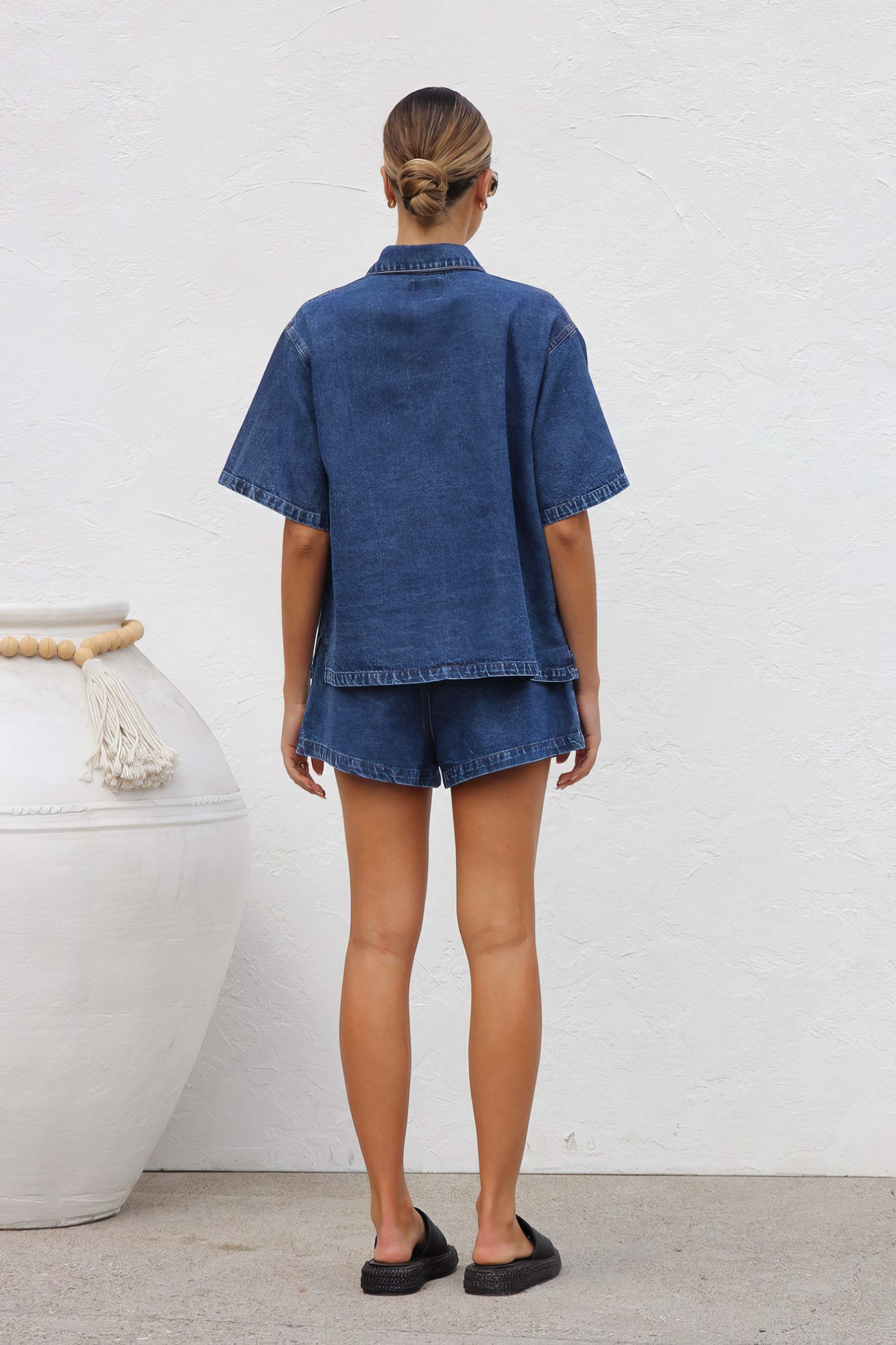 Women's collared neck button-up top and shorts denim set