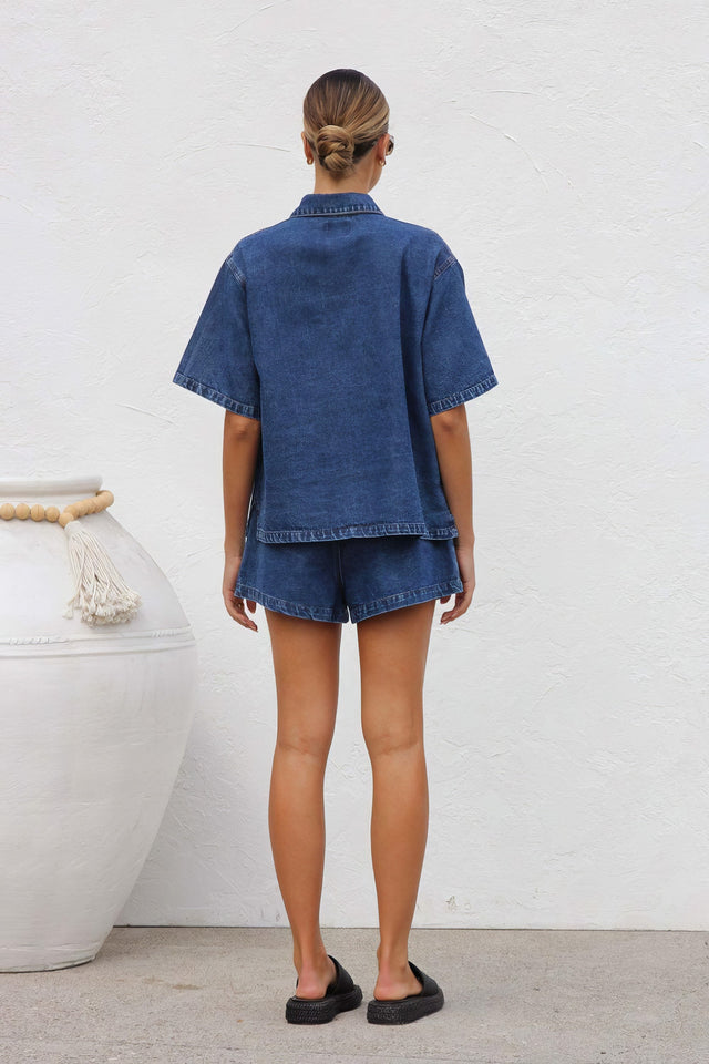 Women's collared neck button-up top and shorts denim set