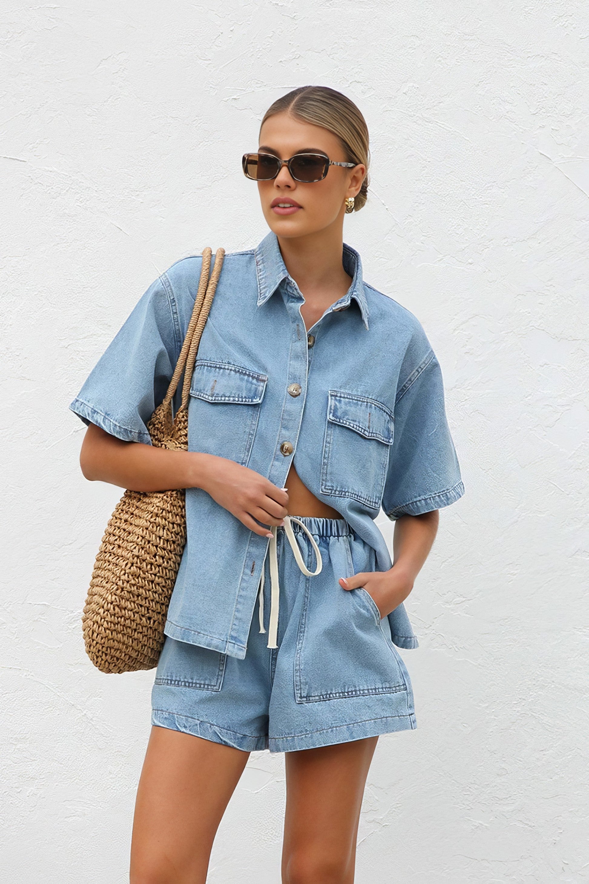 Women's collared neck button-up top and shorts denim set