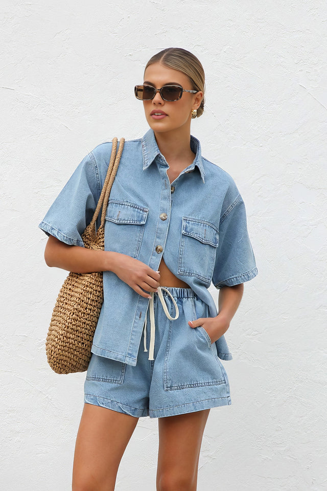 Women's collared neck button-up top and shorts denim set