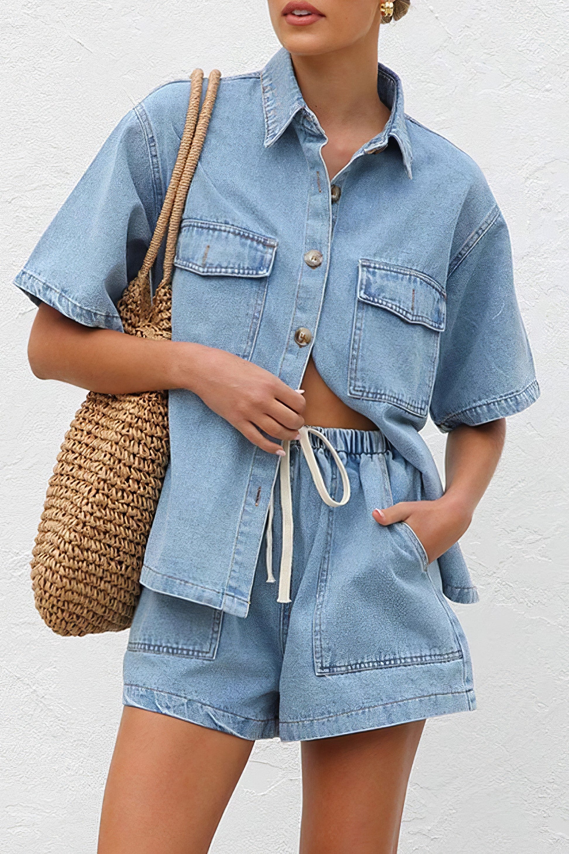 Women's collared neck button-up top and shorts denim set