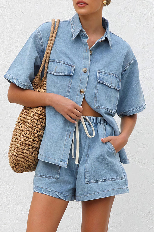 Women's collared neck button-up top and shorts denim set