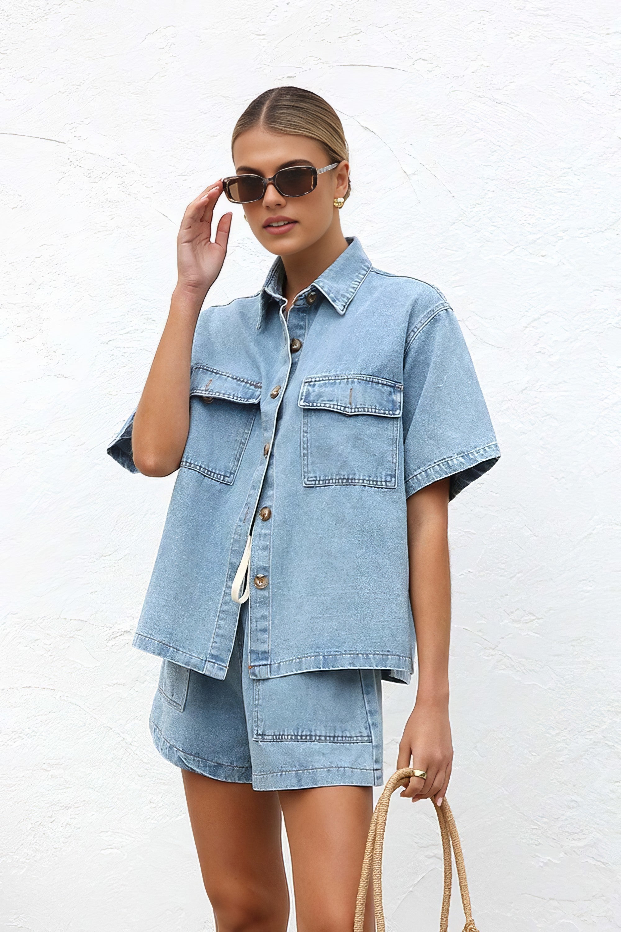 Women's collared neck button-up top and shorts denim set