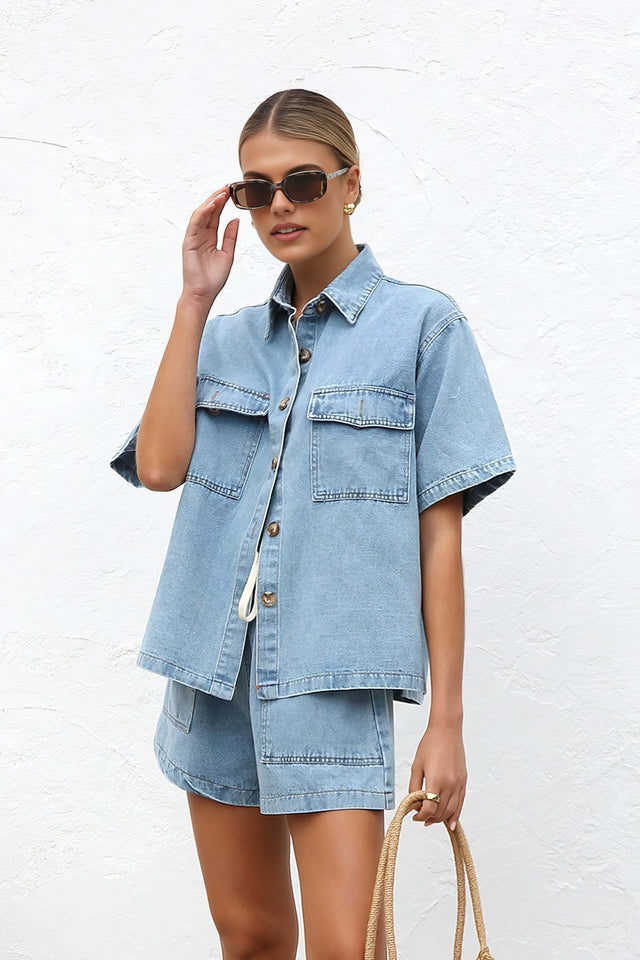 Women's collared neck button-up top and shorts denim set