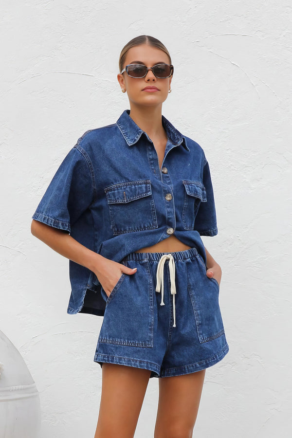 Women's collared neck button-up top and shorts denim set
