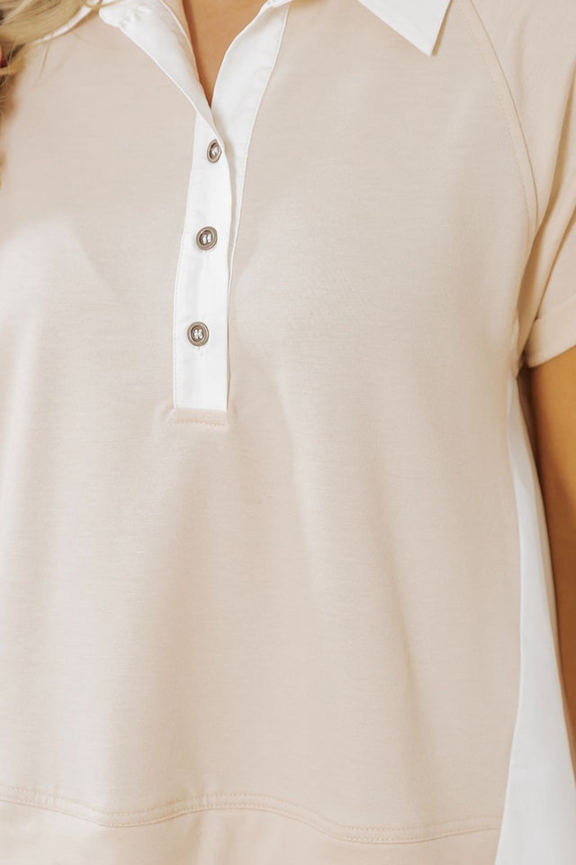 Collared Neck Buttoned Patchwork Short Sleeve Mini Dress.