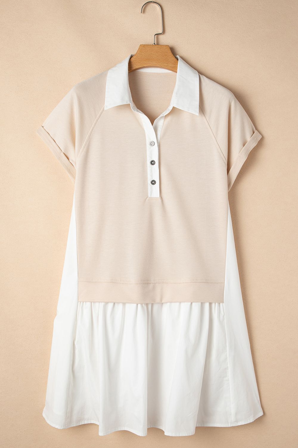 Collared Neck Buttoned Patchwork Short Sleeve Mini Dress.