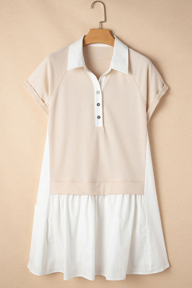 Collared Neck Buttoned Patchwork Short Sleeve Mini Dress.