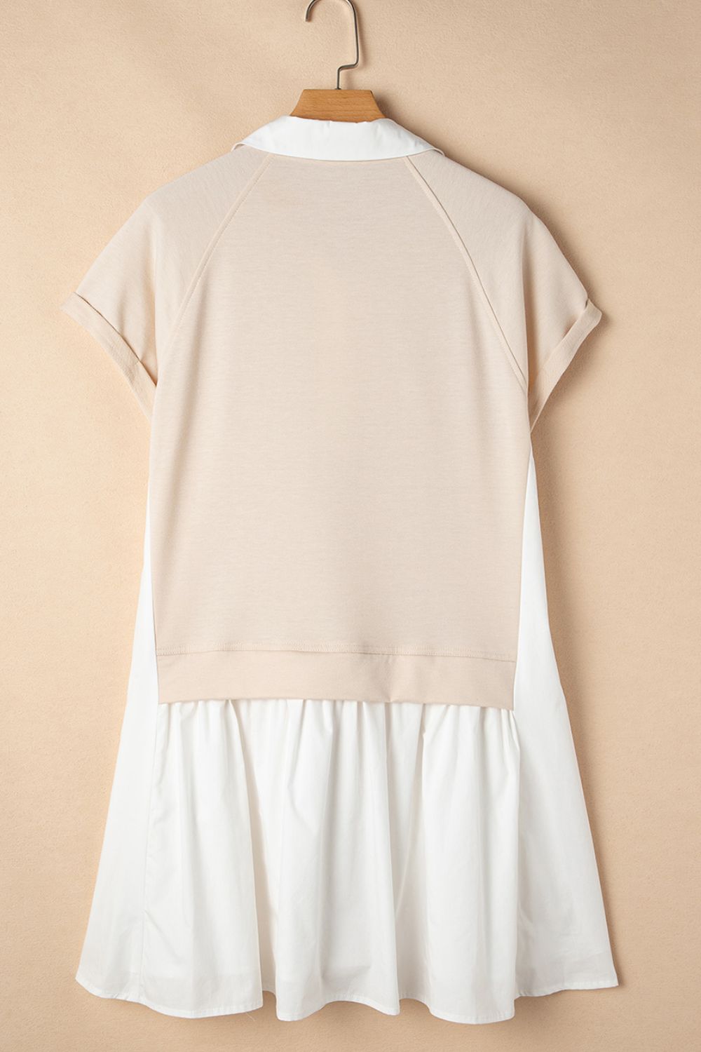 Collared Neck Buttoned Patchwork Short Sleeve Mini Dress.