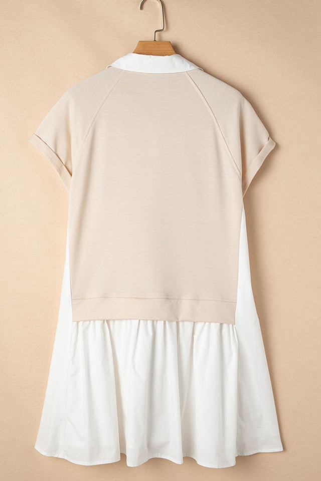Collared Neck Buttoned Patchwork Short Sleeve Mini Dress.