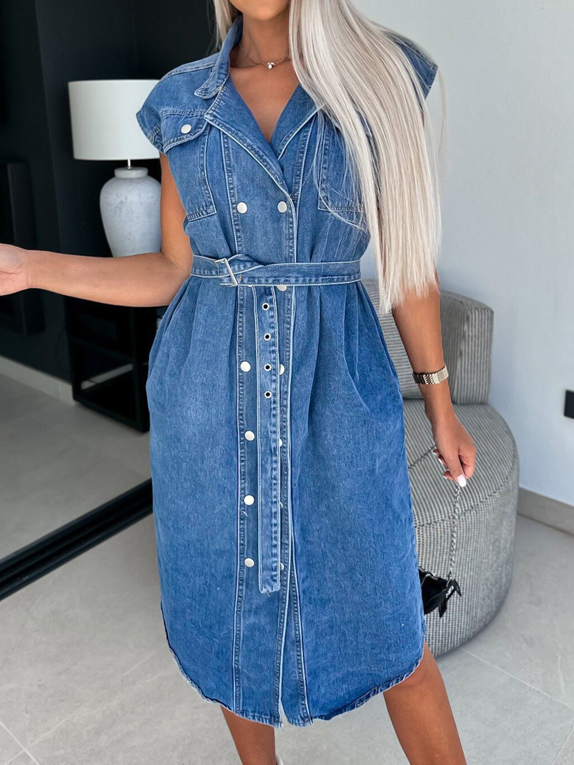 Collared Neck Cap Sleeve Denim Dress with Belt.