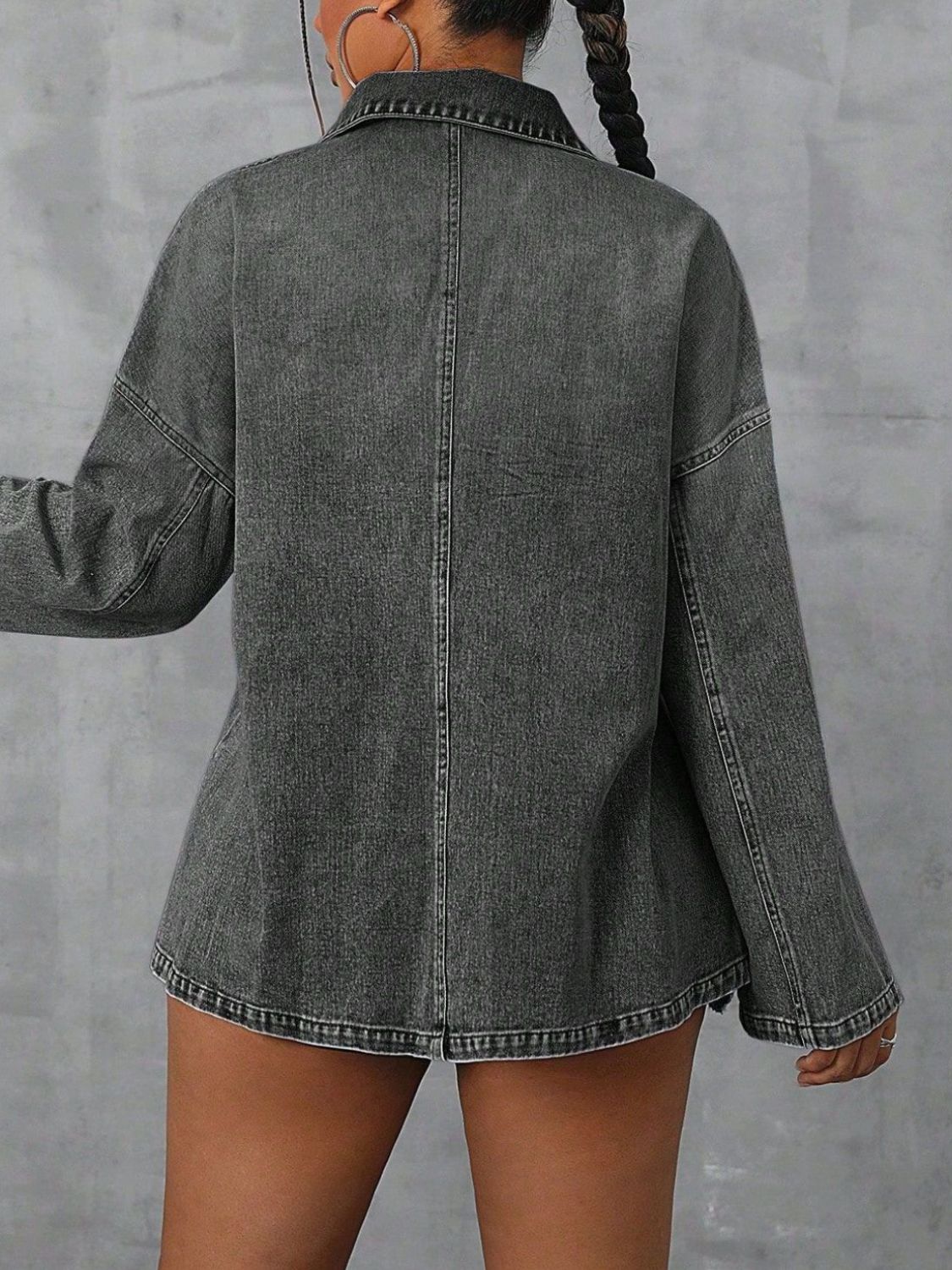 Collared neck drop shoulder denim top with pockets.