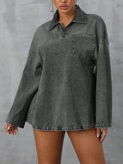 Collared neck drop shoulder denim top with pockets.