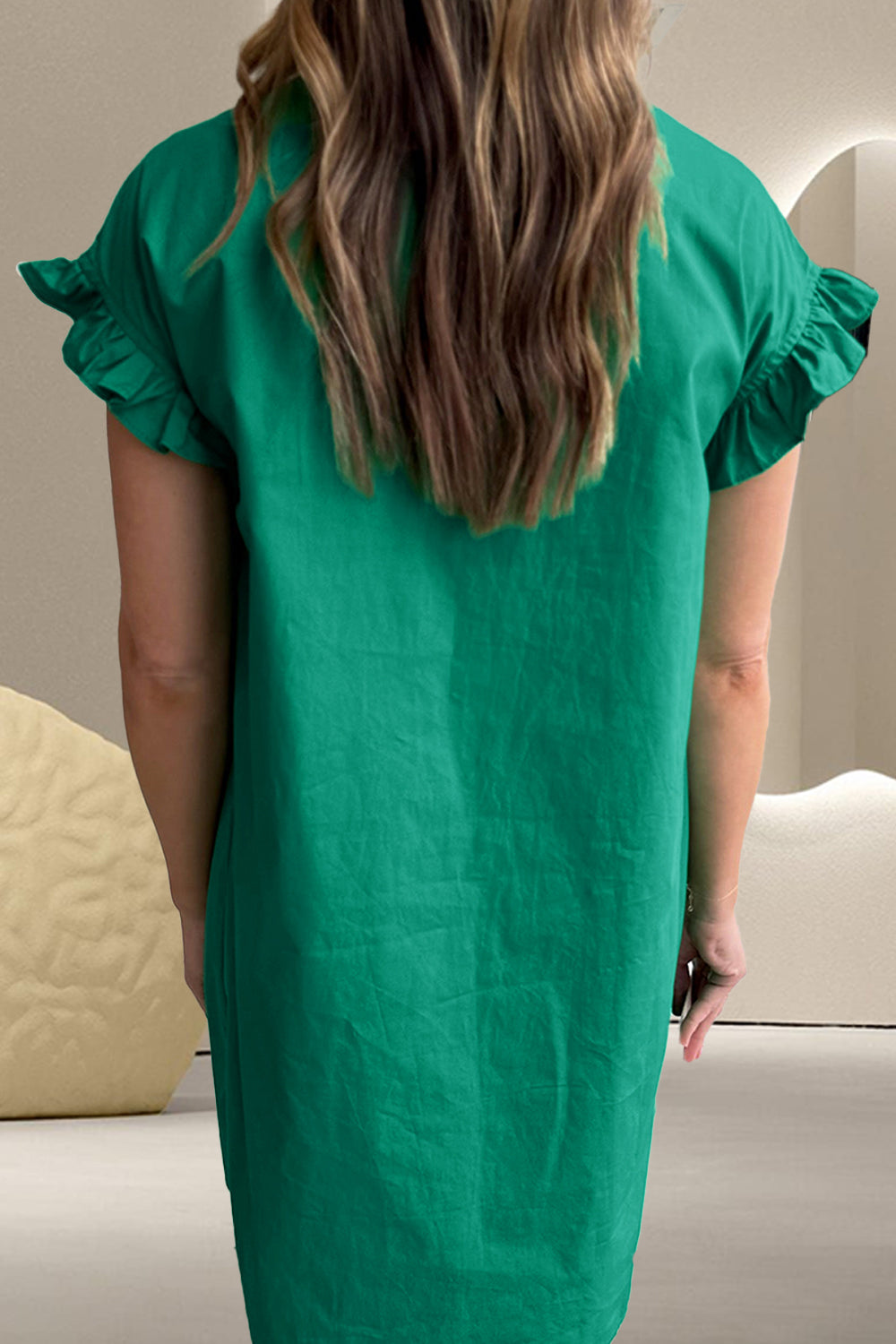 Collared Neck Flounce Sleeve Dress with Ruffled Details.