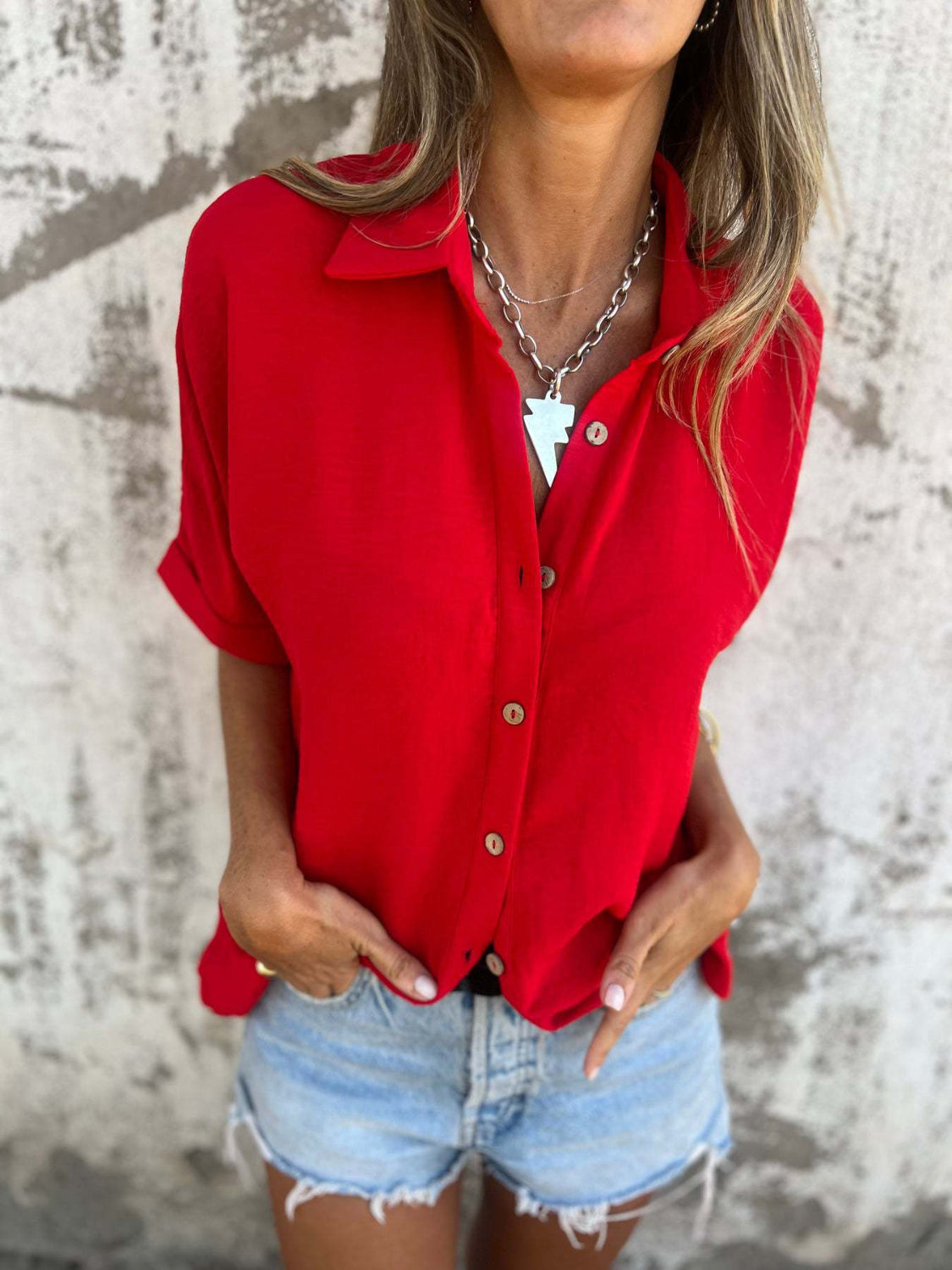 Full size collared neck half sleeve shirt, plus size.