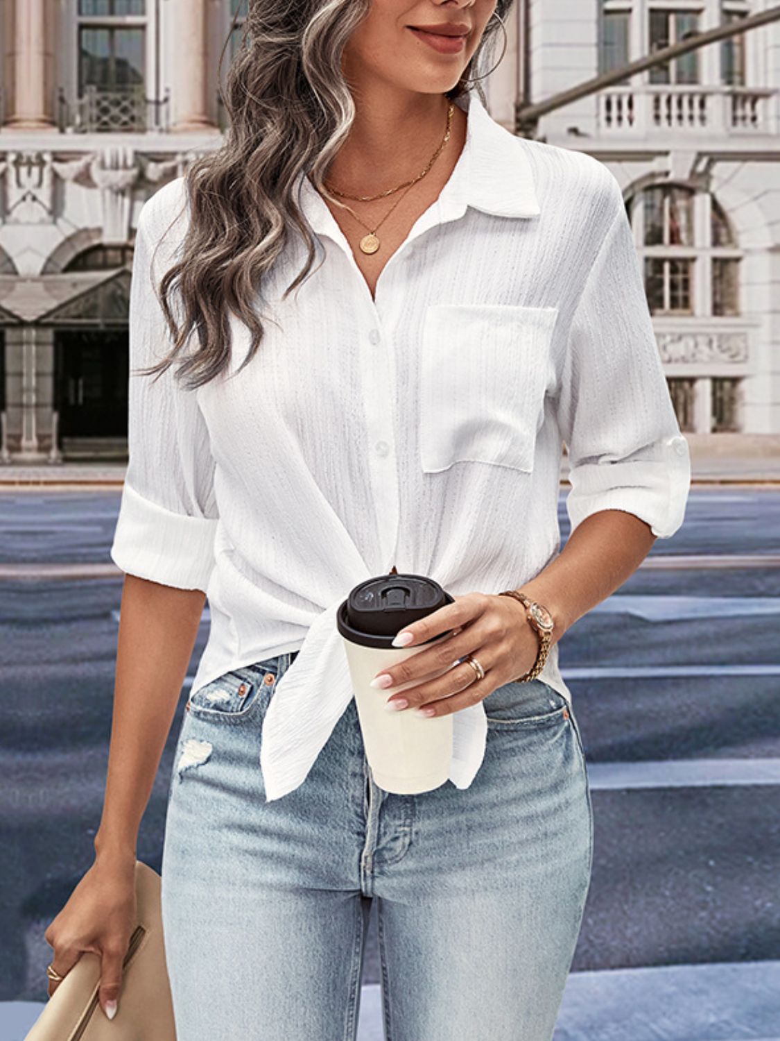 Perfee collared neck half sleeve twisted shirt.