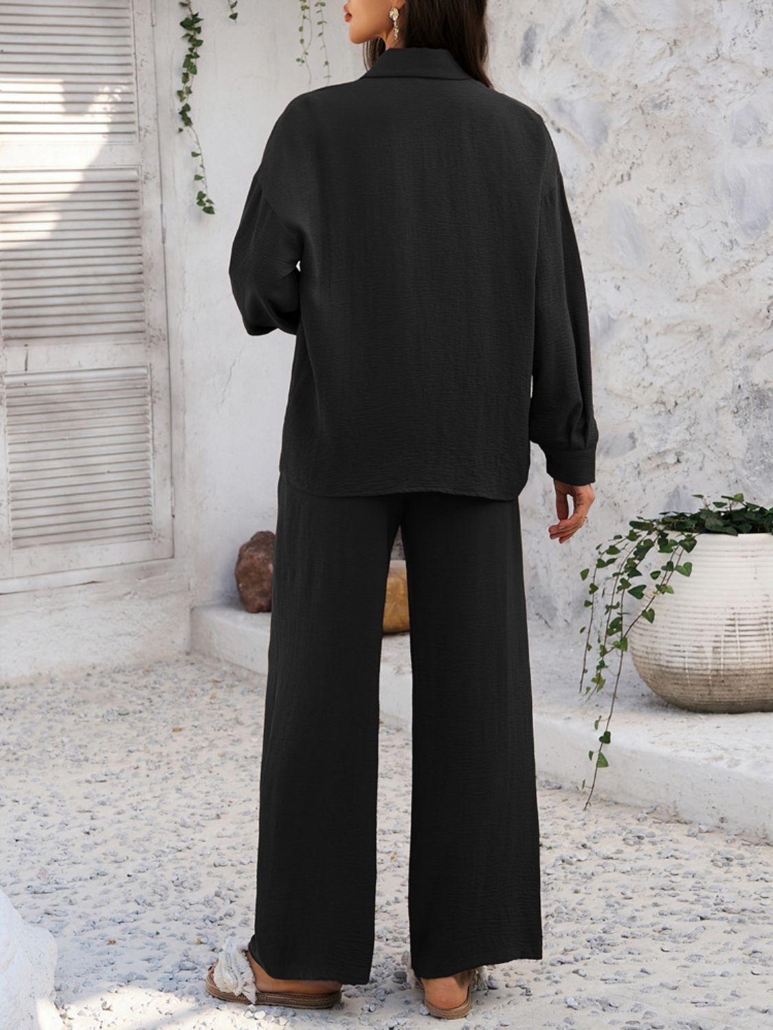 Devine Collared Neck Long Sleeve Top and Pants Set.