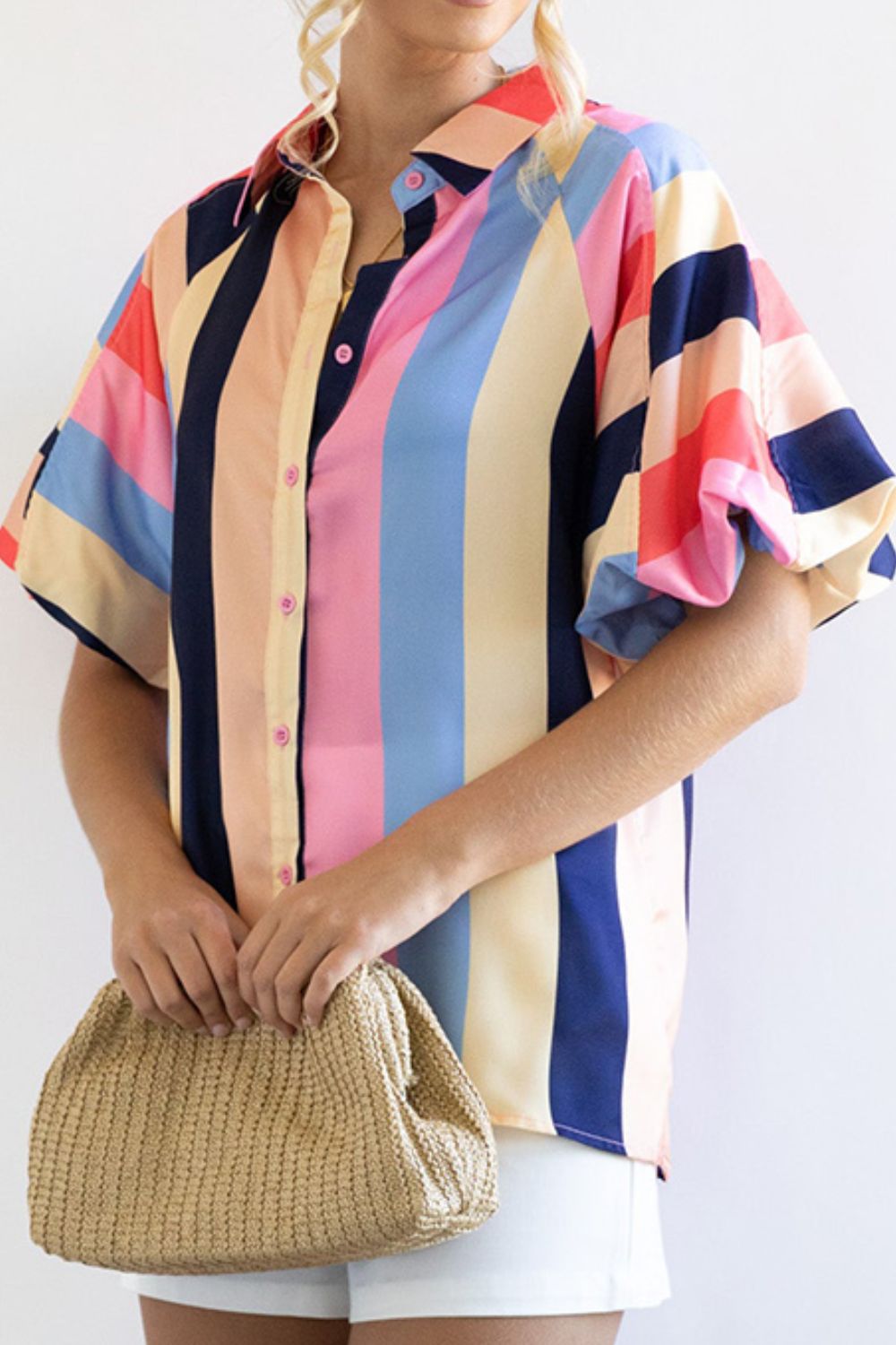 Color block button up balloon sleeve shirt.