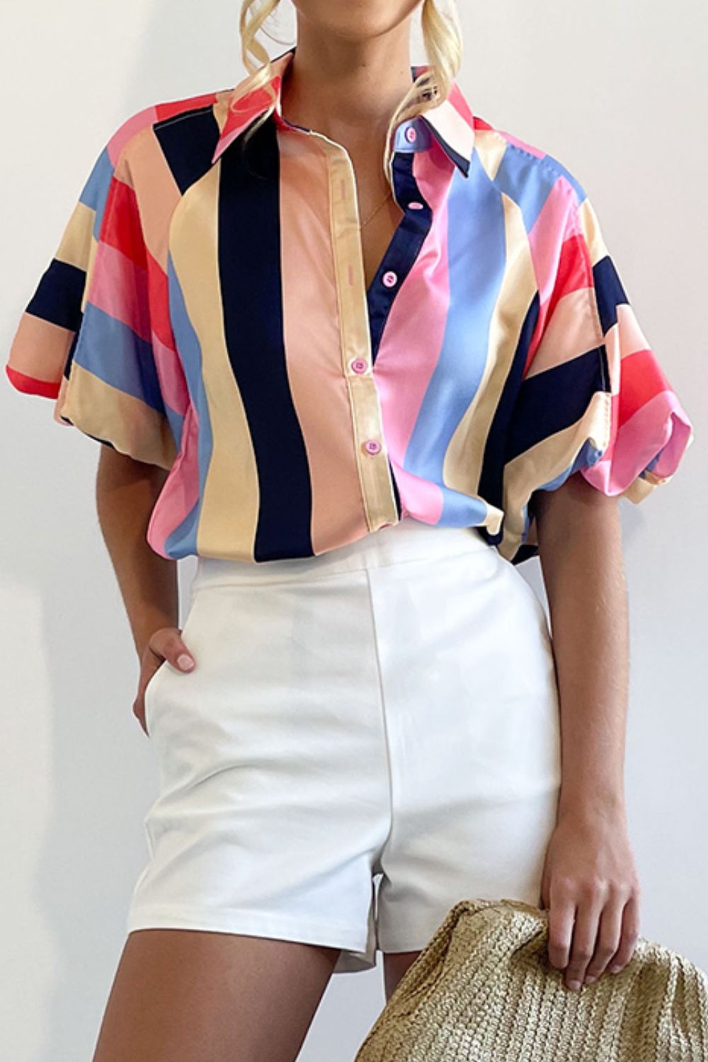 Color block button up balloon sleeve shirt.
