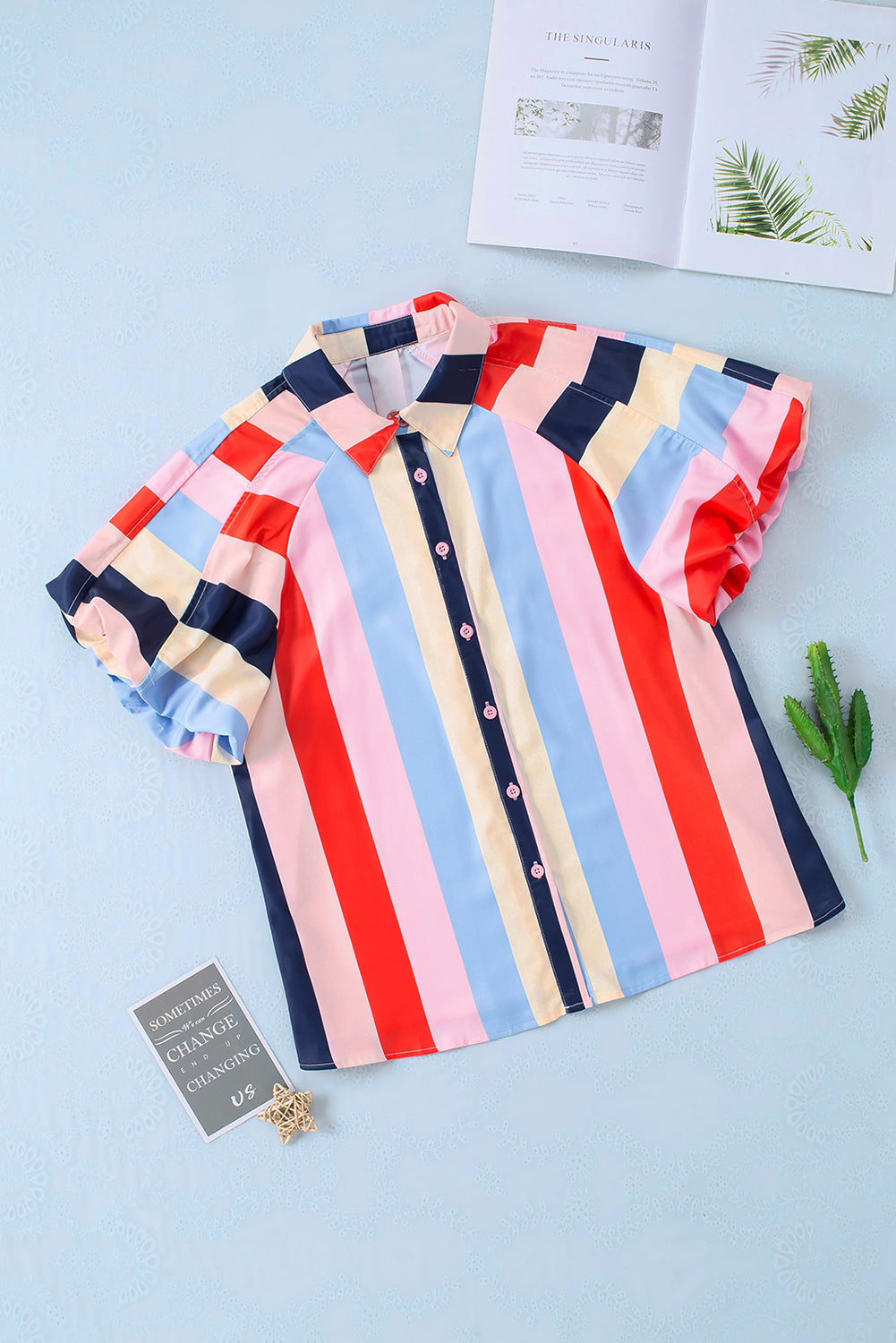 Color block button up balloon sleeve shirt.