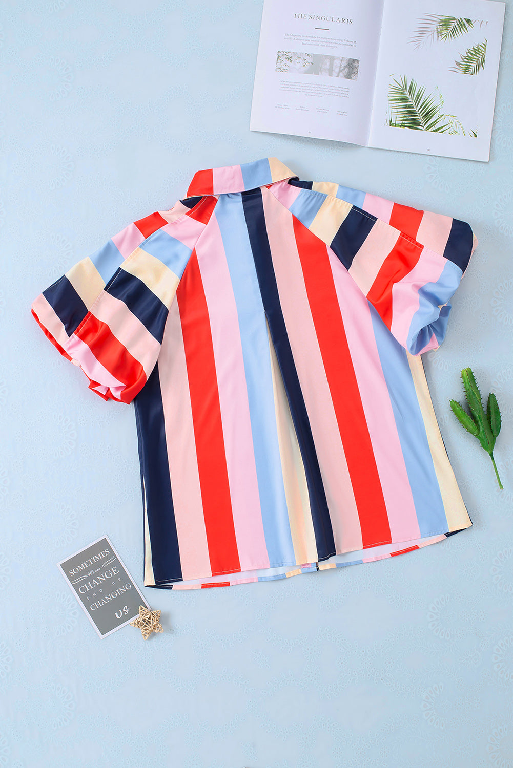 Color block button up balloon sleeve shirt.