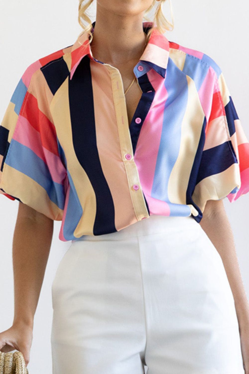 Color block button up balloon sleeve shirt.