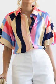 Color block button up balloon sleeve shirt.