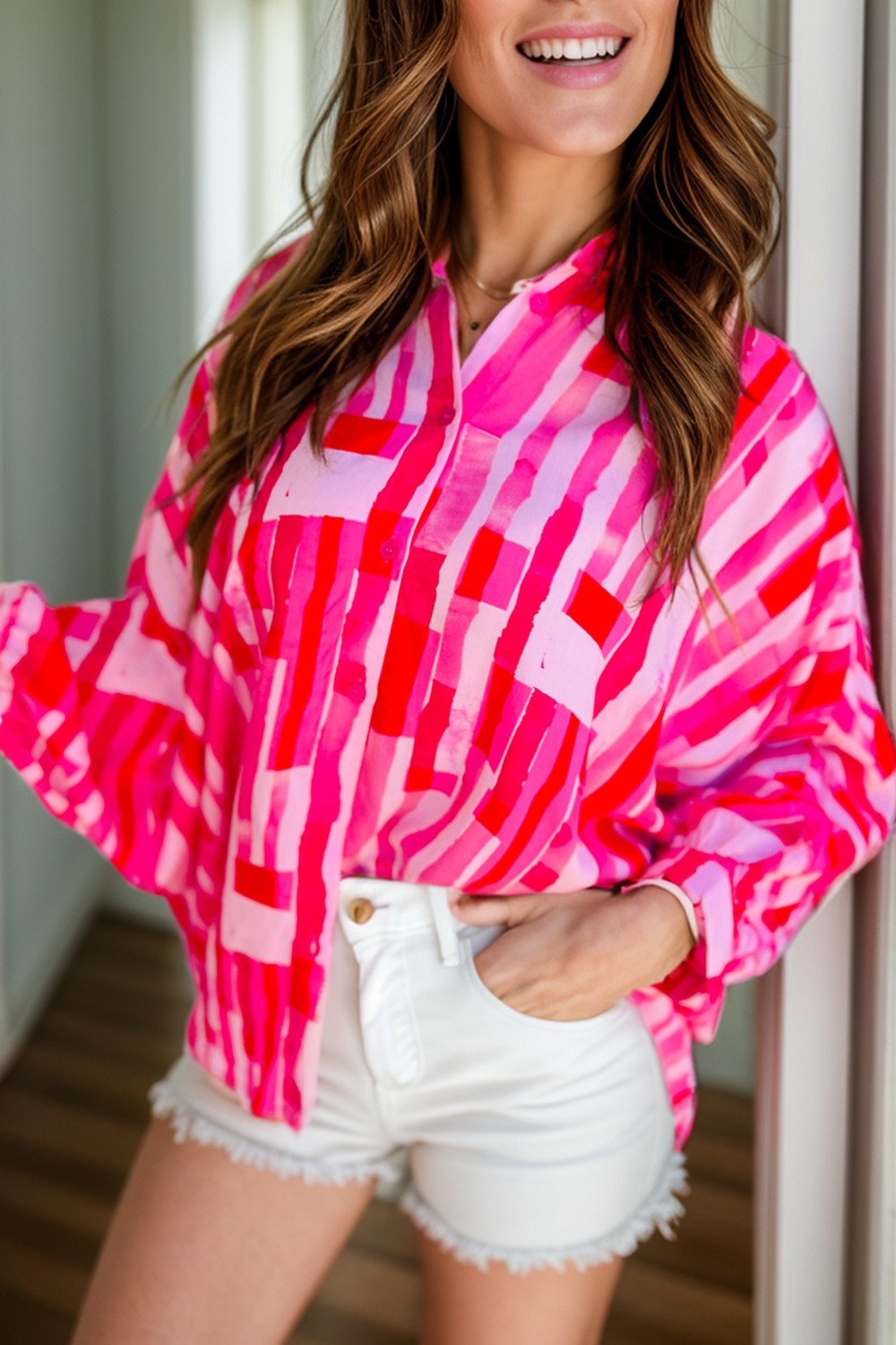 Color block collared neck long sleeve shirt.