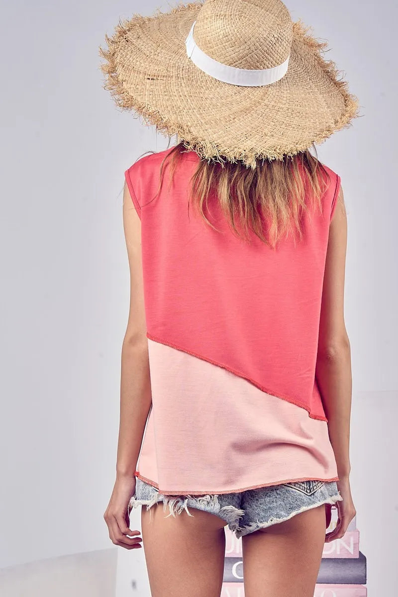 Color block buttoned Henley top with contrast stitching.