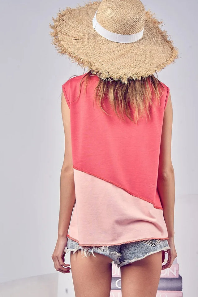 Color block buttoned Henley top with contrast stitching.