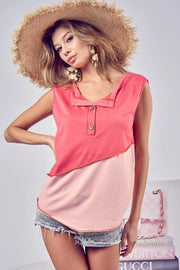 Color block buttoned Henley top with contrast stitching.