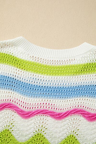 Color block crochet ruffled short sleeve knit top with openwork.