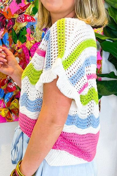 Color block crochet ruffled short sleeve knit top with openwork.