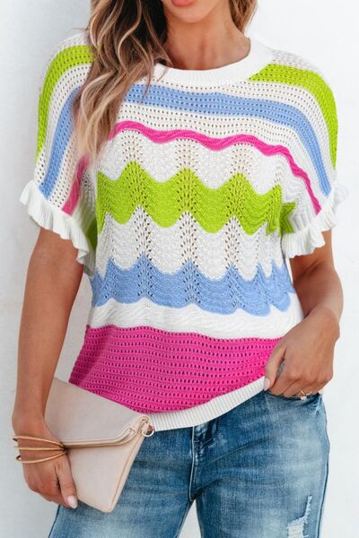 Color block crochet ruffled short sleeve knit top with openwork.