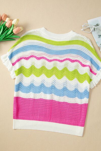 Color block crochet ruffled short sleeve knit top with openwork.