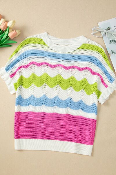 Color block crochet ruffled short sleeve knit top with openwork.