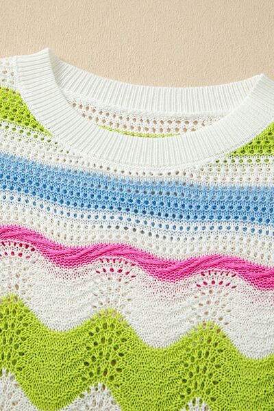 Color block crochet ruffled short sleeve knit top with openwork.