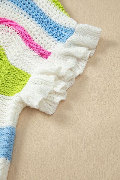 Color block crochet ruffled short sleeve knit top with openwork.