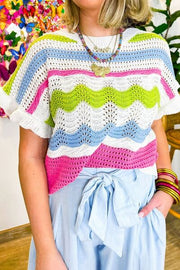 Color block crochet ruffled short sleeve knit top with openwork.