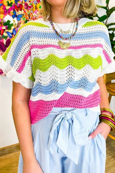 Color block crochet ruffled short sleeve knit top with openwork.